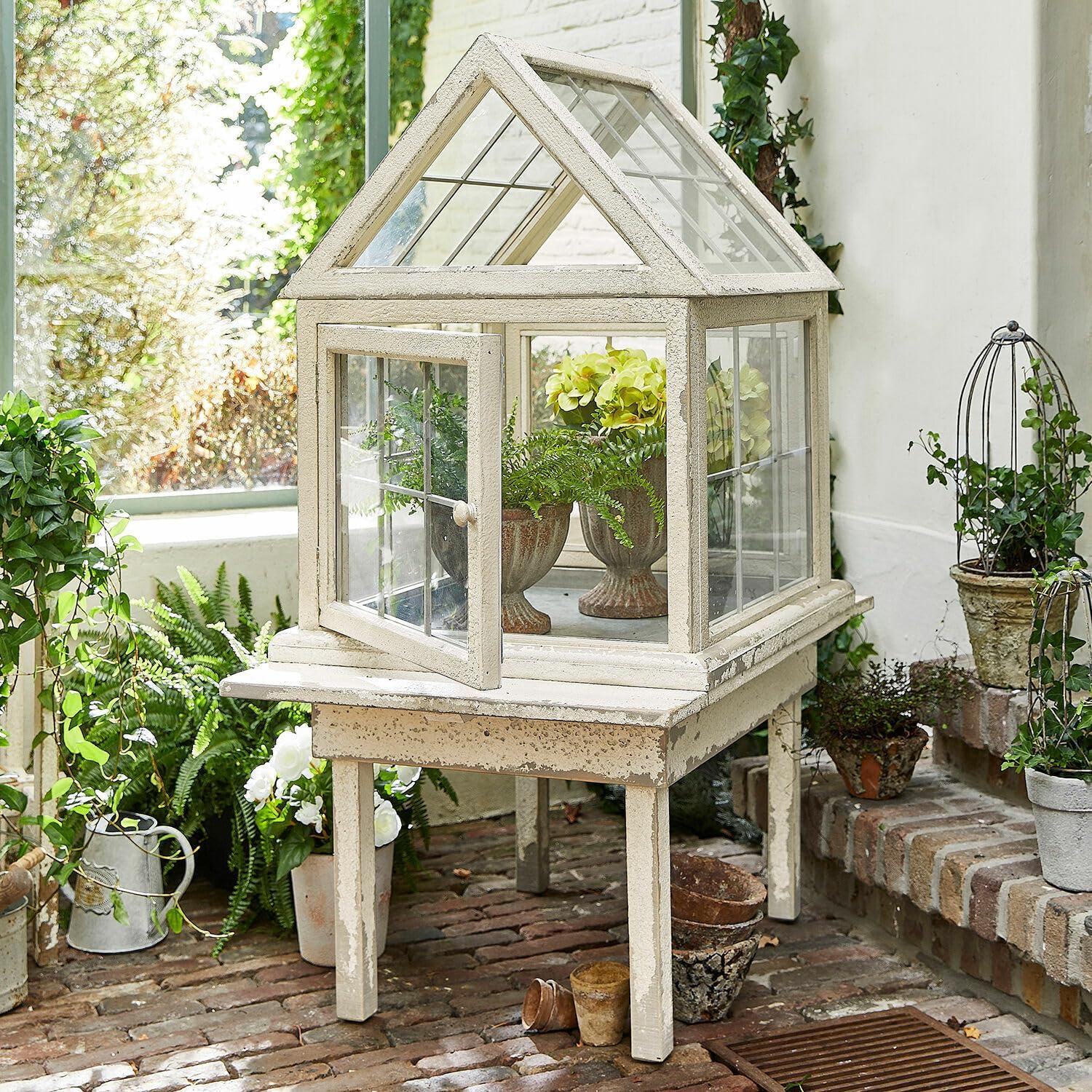 Loberon Gewächshaus Rebola, für die Zucht und den Schutz von Pflanzen, Vintage-Eleganz, Outdoor, Gartenzubehör, Kiefernholz, Eisen, Acrylglas, antikweiß