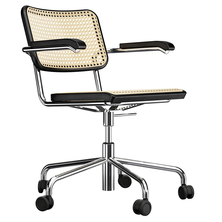 Thonet S64 VDR bureaustoel gevlochten riet, zwart, chroom onderstel