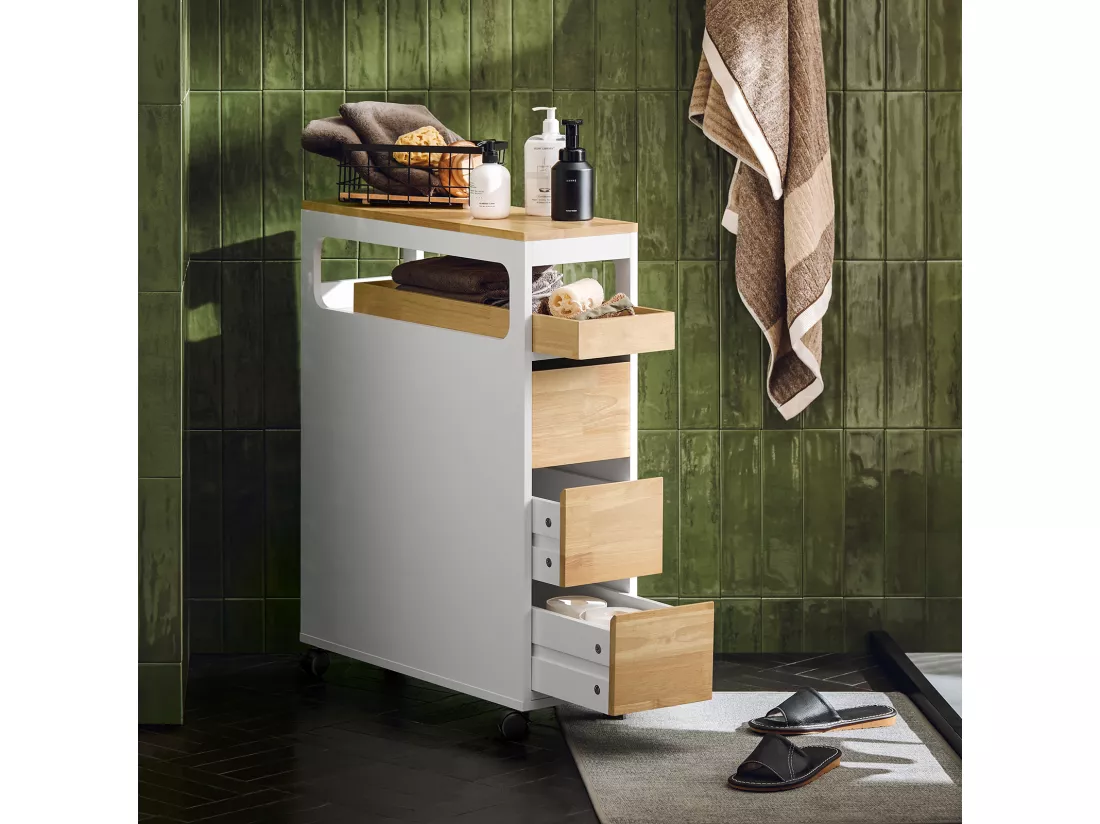 SoBuy Meuble de Rangement Salle de Bain Étroit sur roulettes, Support Papier Toilette, Armoire Toilettes WC Compact, Rangement Polyvalente avec 1 Plateau Amovible et 3 tiroirs, 65x23x82cm, BZR54-WN