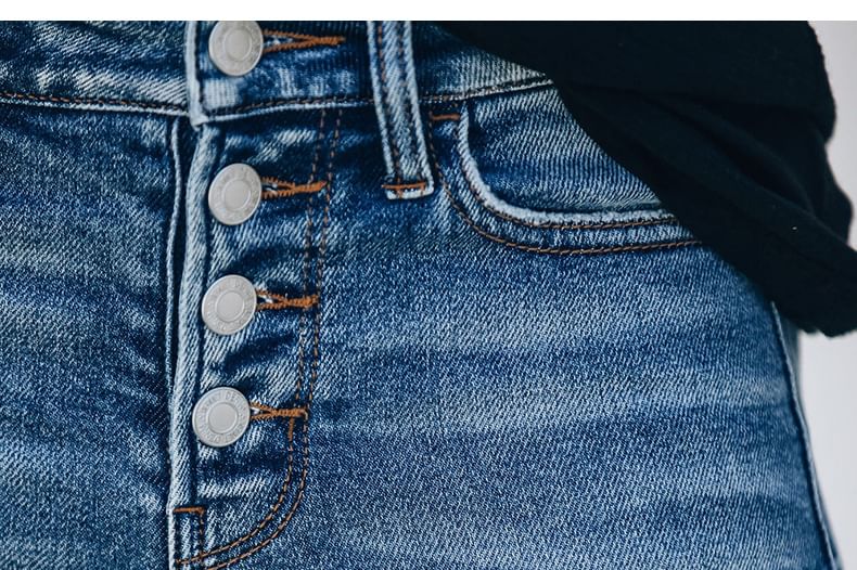 PERKARP - Skinny jeans met middelhoge taille, knoopsluiting en distressed wash