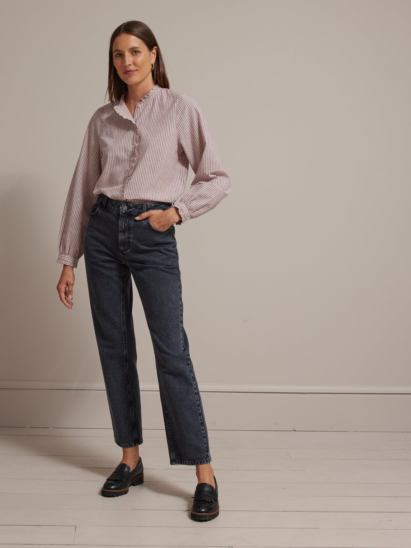 Chemise rayée col froufrou femme