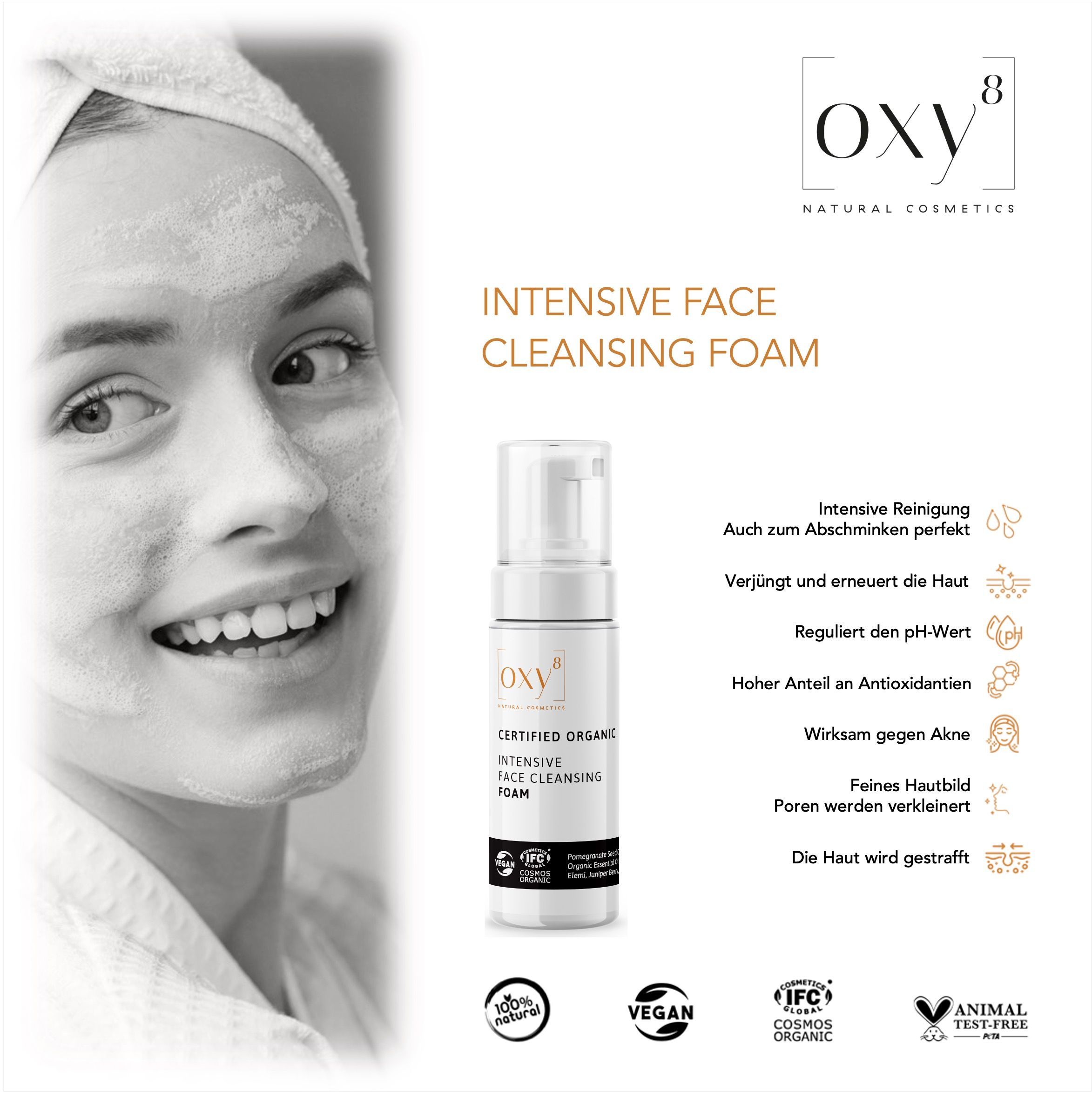 oxy8 Naturkosmetik INTENSIVE FACE CLEANSING FOAM – Intensiver Reinigungsschaum. Auch zum Abschminken
