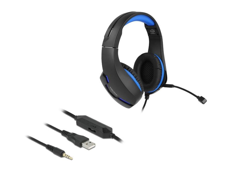 Delock Headset Gaming Over-Ear LED für PC,Notebook,Konsolen Delock Gaming Headset Over-Ear mit 3.5 mm Klinkenstecker und blauem LED Licht für PC, Notebook und Spielekonsolen