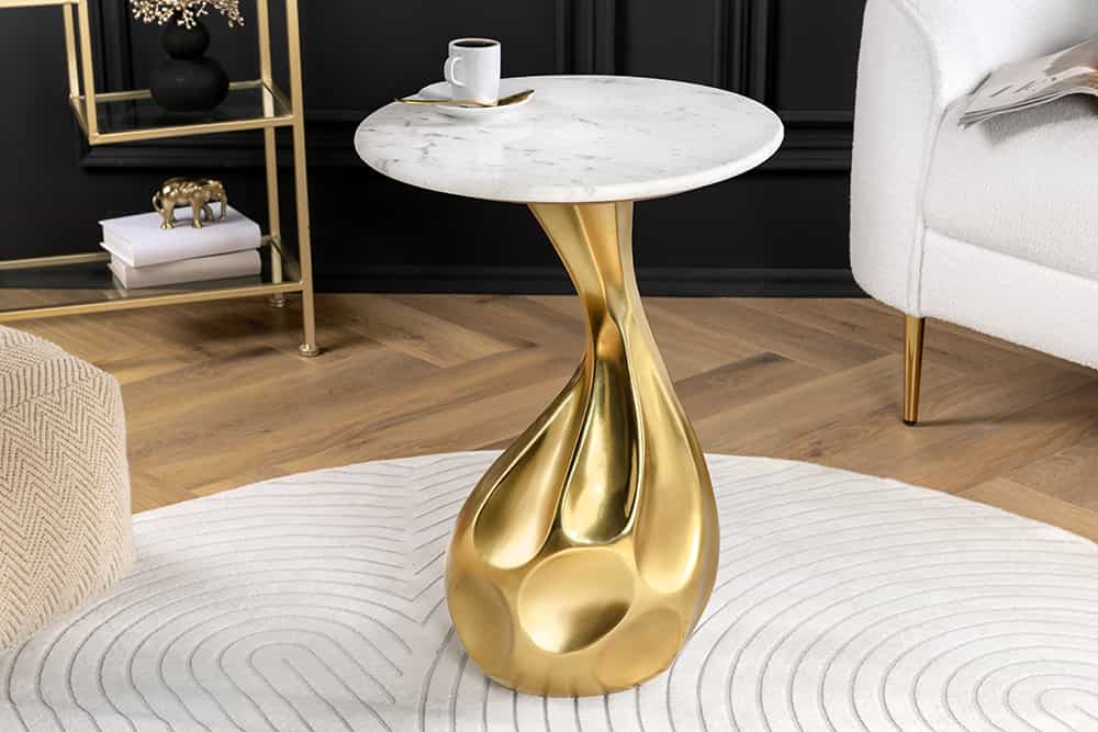 Runder Beistelltisch TEAR 60cm gold weiß mit Marmor-Tischplatte handmade