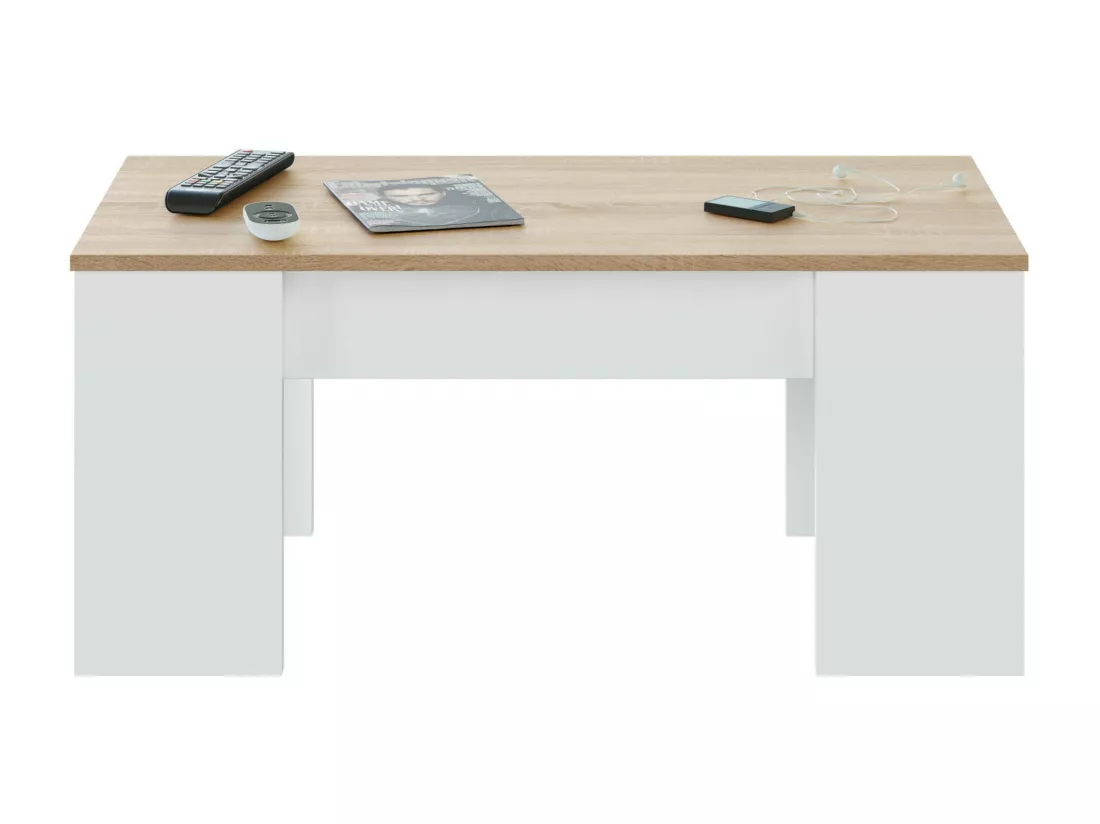 Table basse Dleal, Table basse avec plateau élévateur, Table basse de salon, 100x50h45/56 cm, Blanc et Chêne