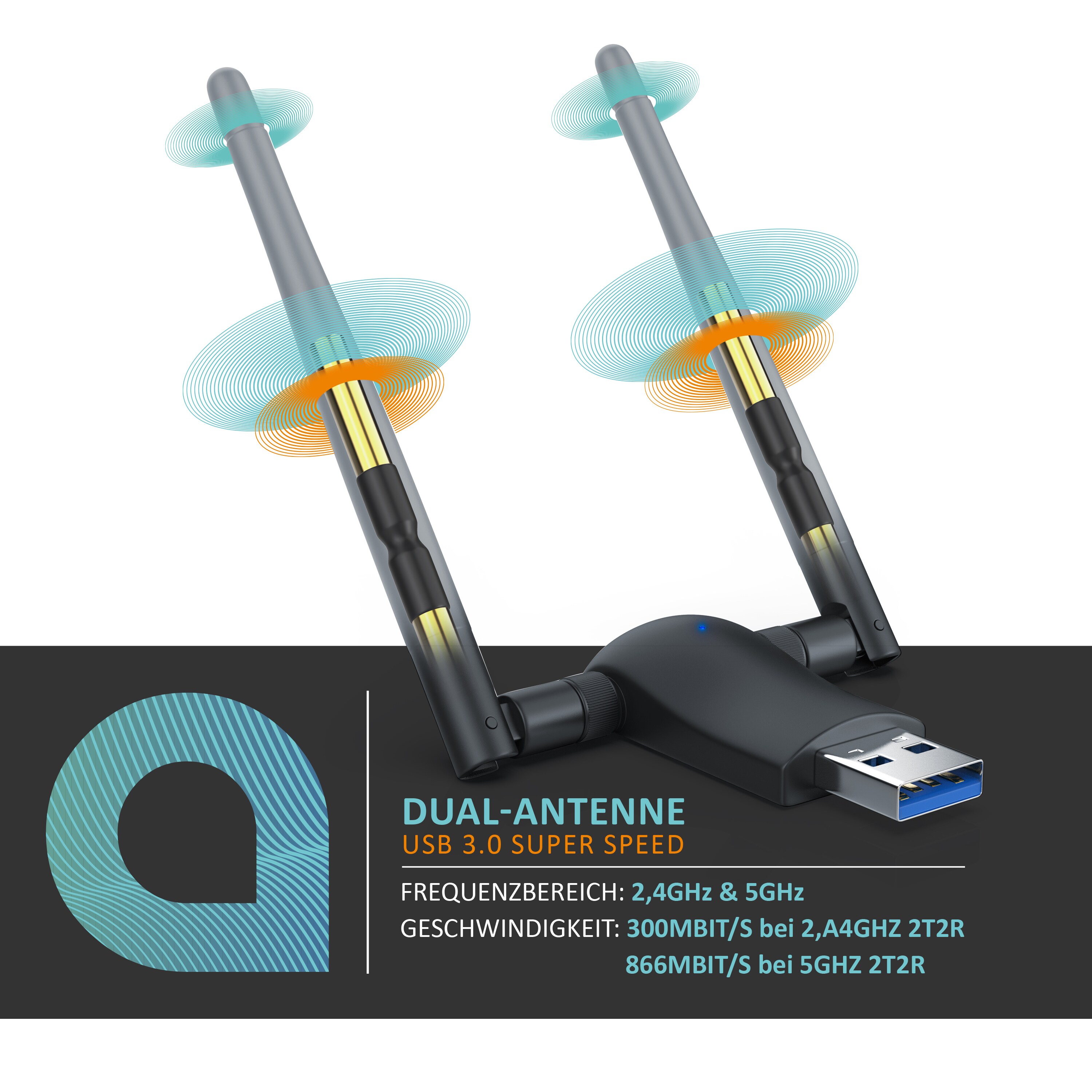 Aplic WLAN-Stick, WIFI Dongle USB 3.0, 1200 MBit/s Dual Band 2,4 + 5 Ghz externe Antennen