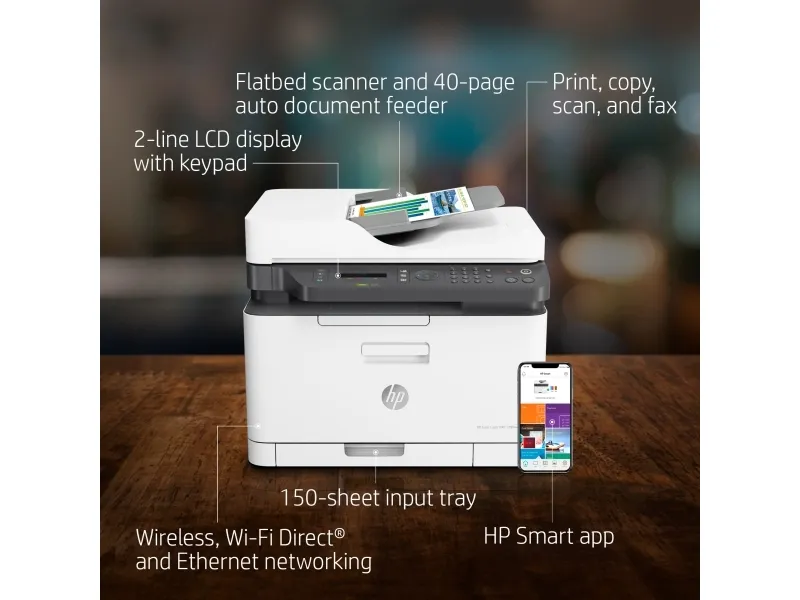 HP Color Laser MFP 179fnw - Multifunktionsprinter - farve - laser - A4 (210 x 297 mm) (original) - A4/Letter (medie) - op til 14 spm (kopiering) - op til 18 spm (udskriver) - 150 ark - 33.6 Kbps - USB 2.0, LAN, Wi-Fi(n)