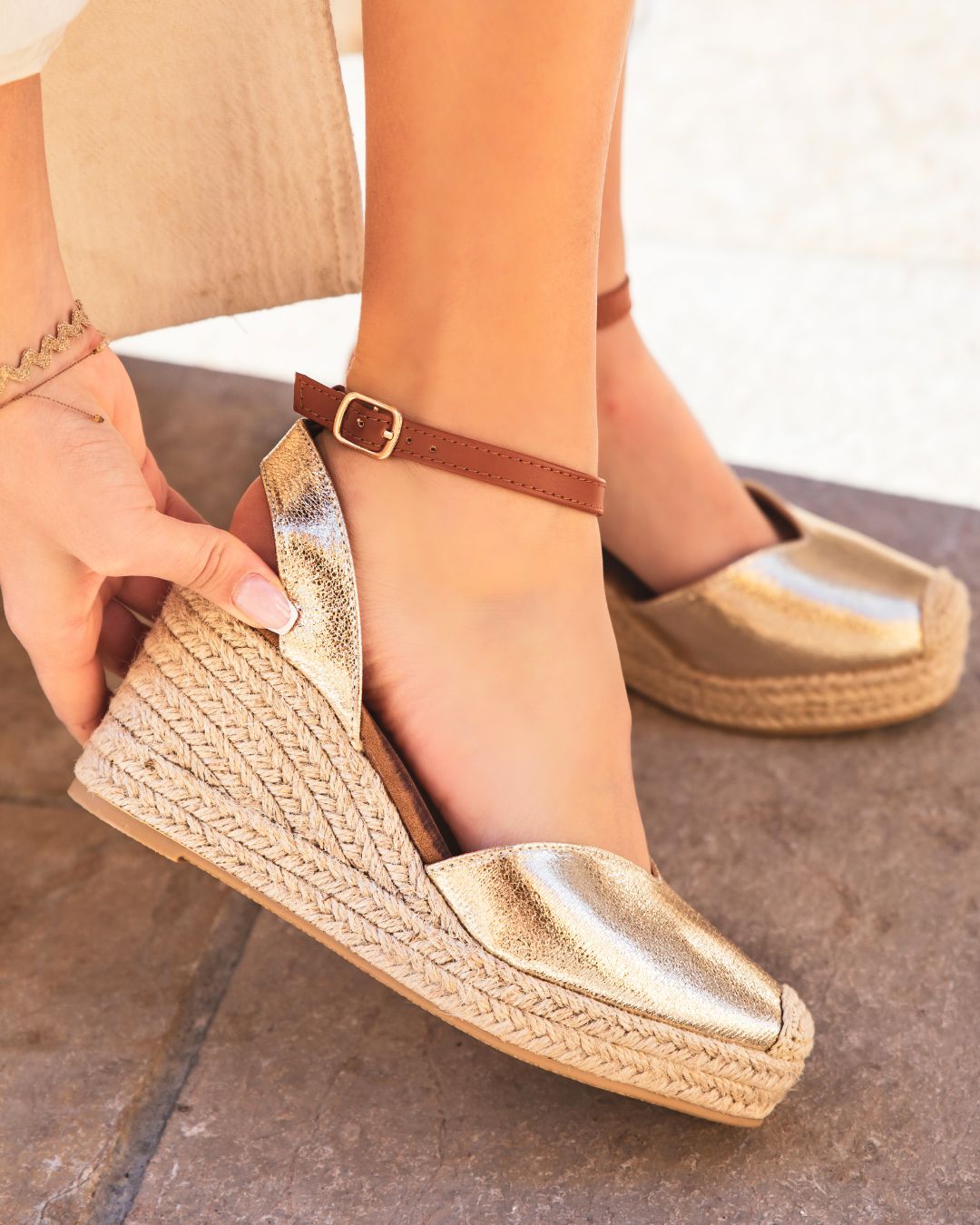 Sandale compensée espadrille doré - Patricia