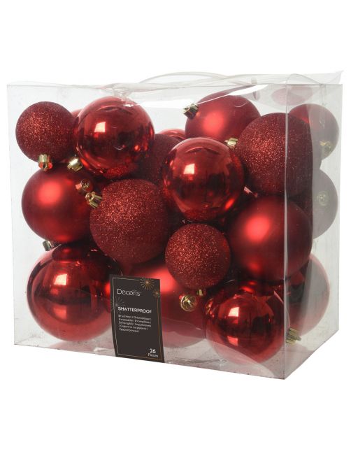 Decoris Kerstballen - Kerstboomversiering - Rood 26 stuks 3 Assortiment