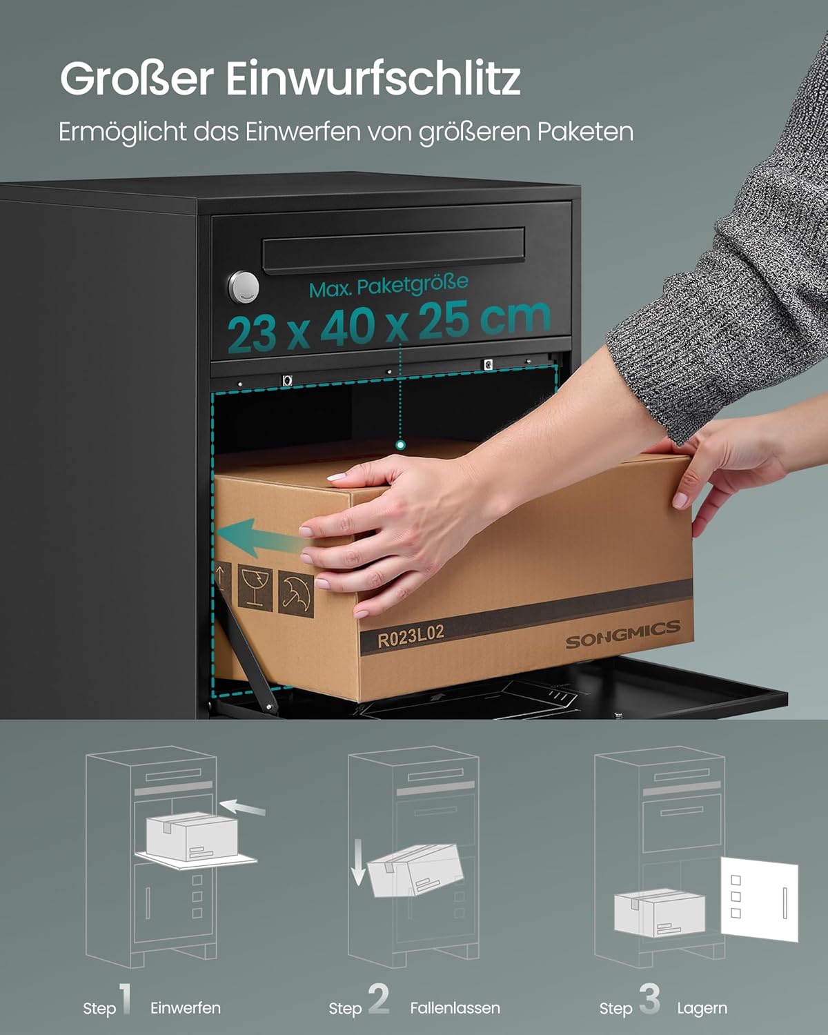 SONGMICS Paketbox, Paketbriefkasten, Briefkasten mit Paketfach, Paketkasten XXL, für Briefe, Pakete, Schloss mit Abdeckung, 2 Schlüssel, Stahl, anthrazitgrau GMB091B01