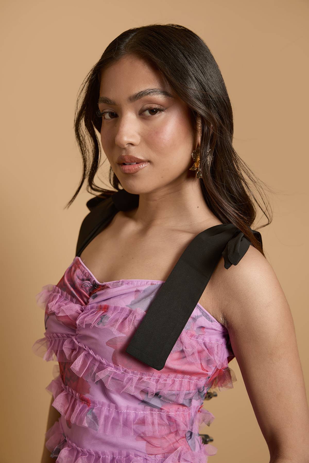 Oasis Robe Maxi Petite En Mesh À Volants Imprimé Avec Liens Aux Épaules