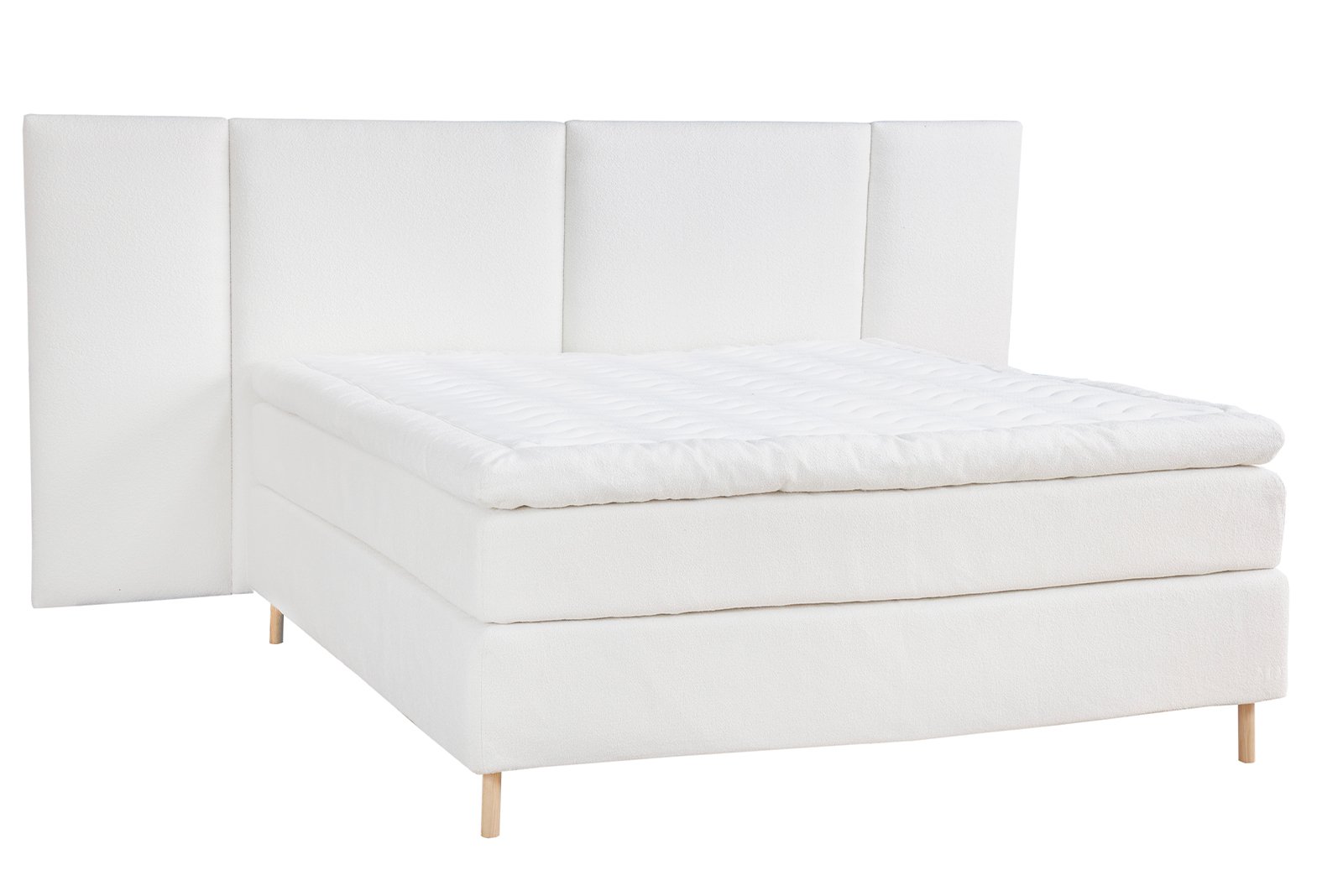 Premium LUX 200 kontinentalseng 210x210 cm i tekstil Bris 101 hvit med fast/fast fasthet, Premium LUX 200 overmadrass med tekstilkant og runde ben hvitoljet eik 15 cm