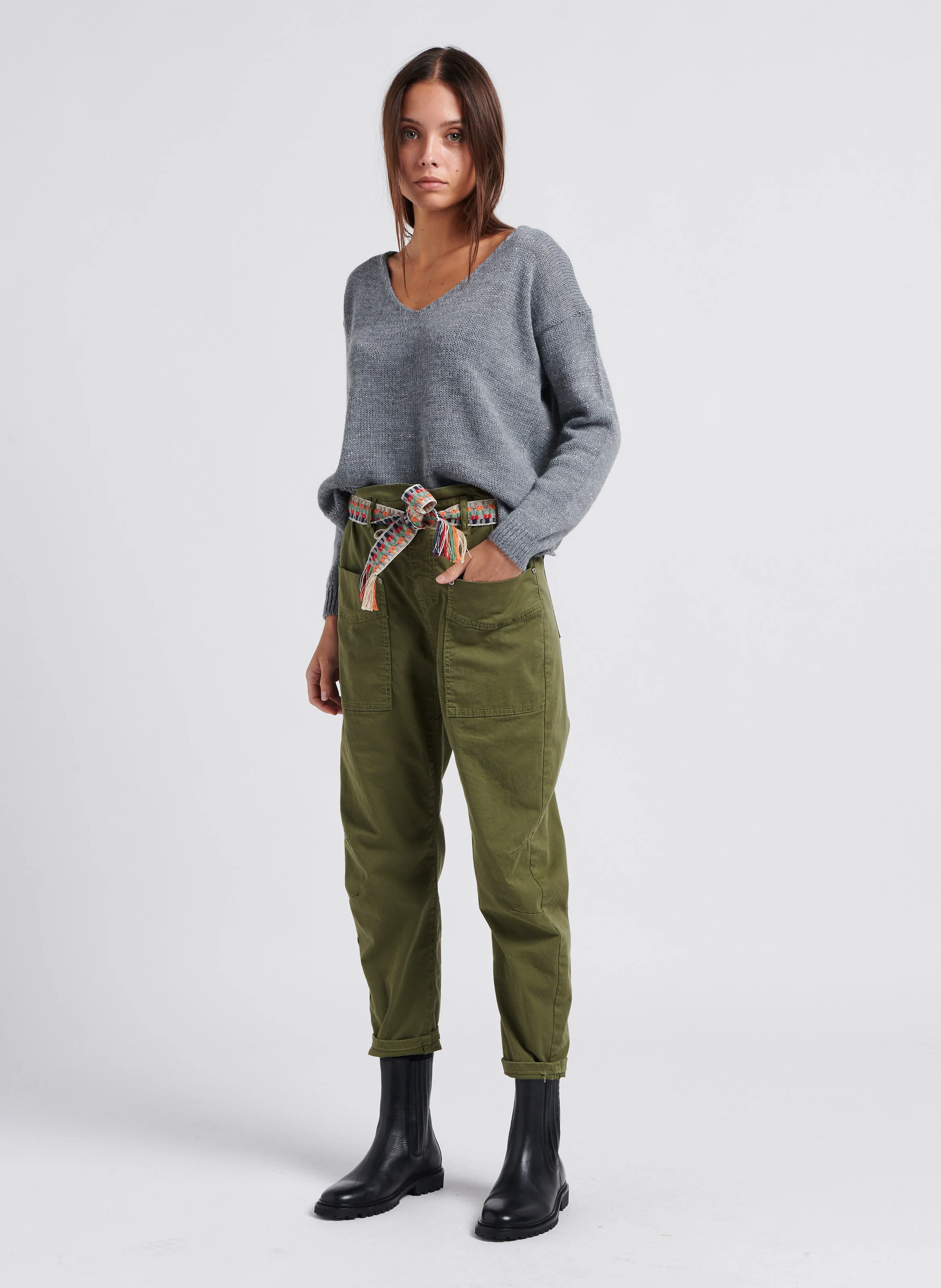 Pull col V en maille métallisée | Gris