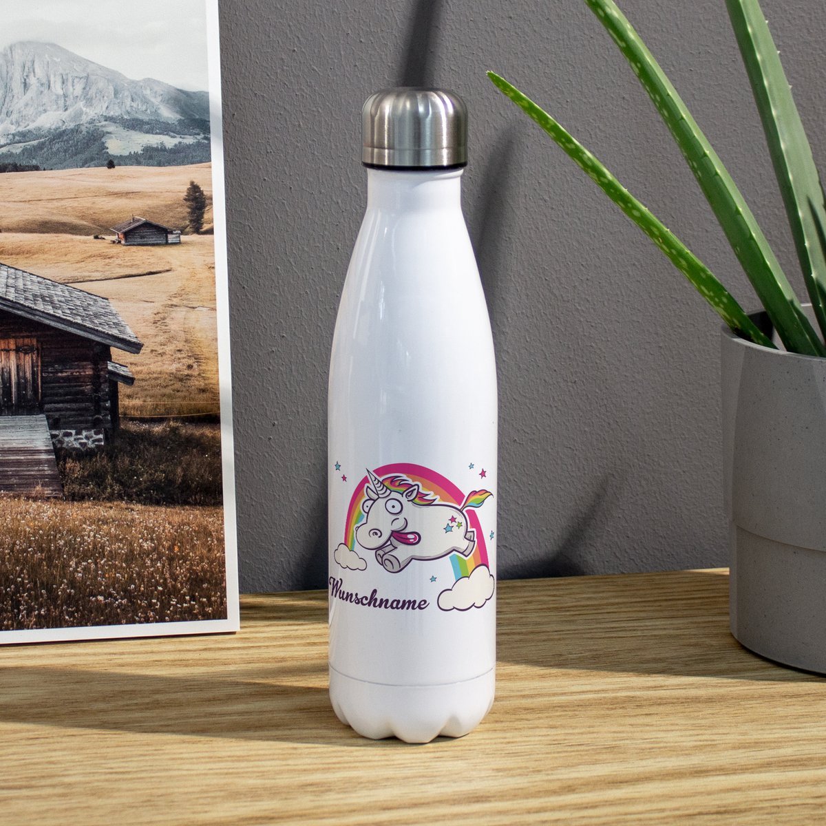 Thermo-Trinkflasche mit Namen, 500 ml, weiß (Motiv: Einhorn)