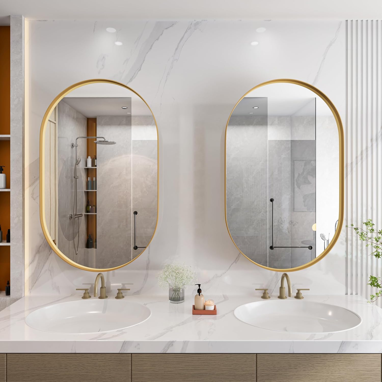 Stylish Oval Mirror Cabinet, Recessed Medicine Cabinet, Wall Cabinet with Metal Framed, Mirror and Adjustable Shelves, Mirror Cabinet with Storage for Bathroom, Living Room and Bedroom, Gold