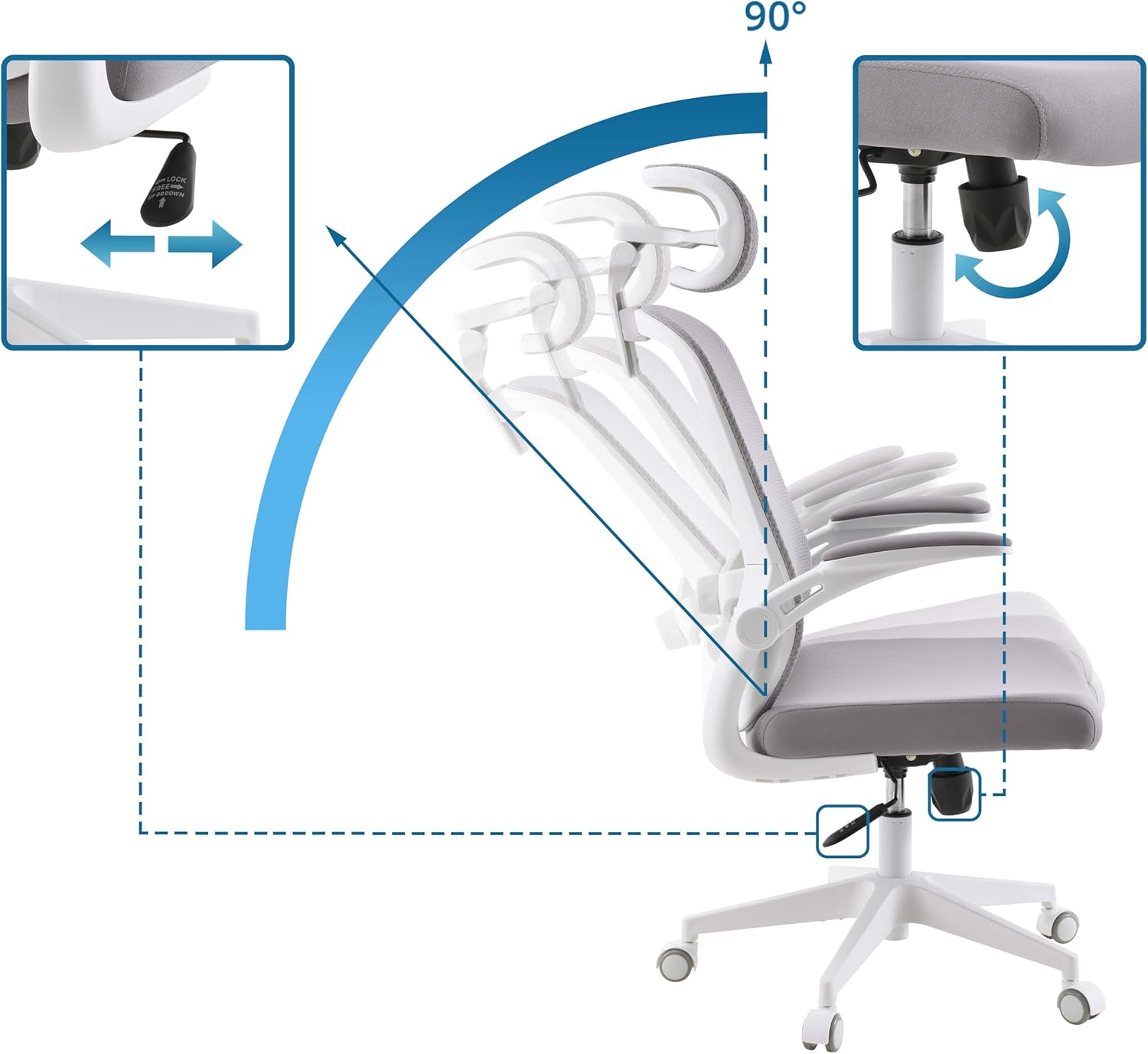 Home Office Bürostuhl VERTUFLEX Ergonomischer, 4D-Kopfstütze, höhenverstellbarer Lordosenstütze, hochklappbaren Armlehnen, Grau