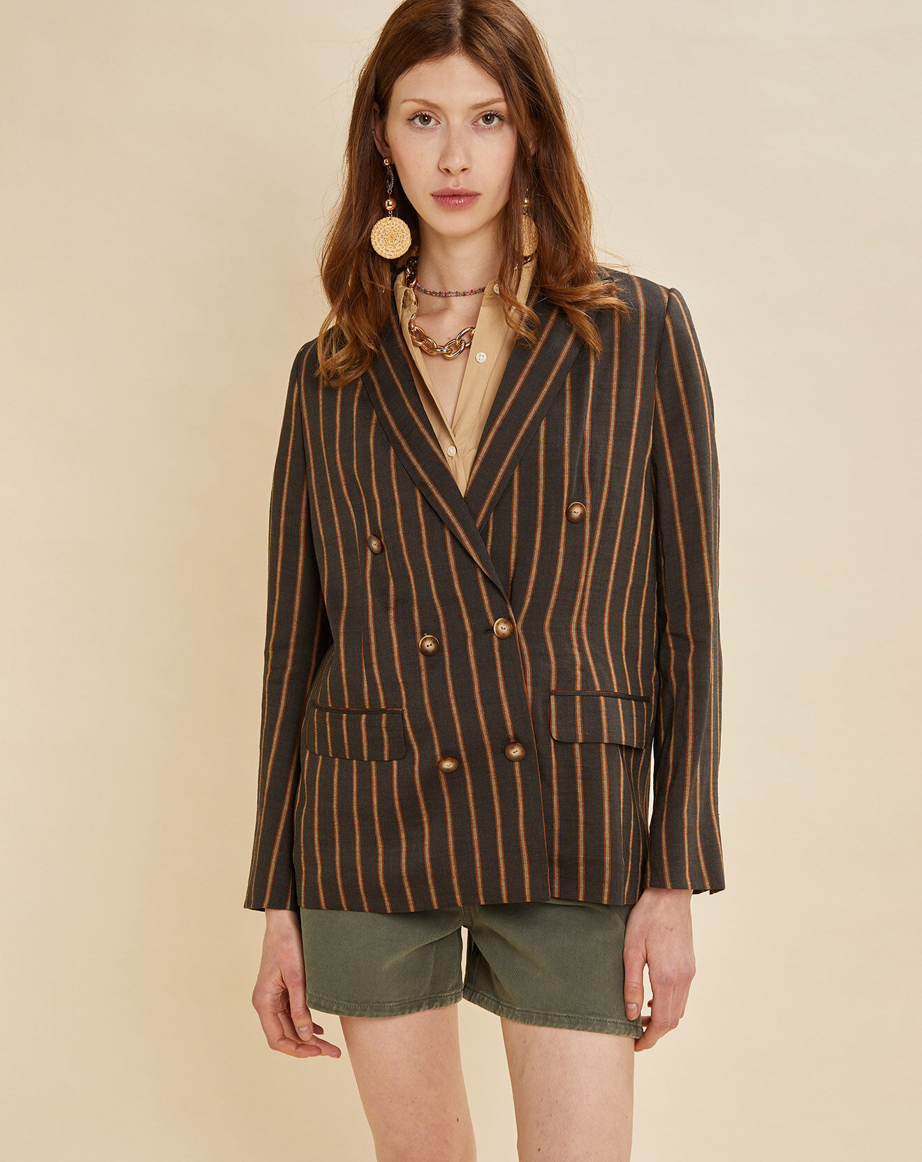 Chloé Stora Veste blazer en Lin mélangé Valeria rayée kaki