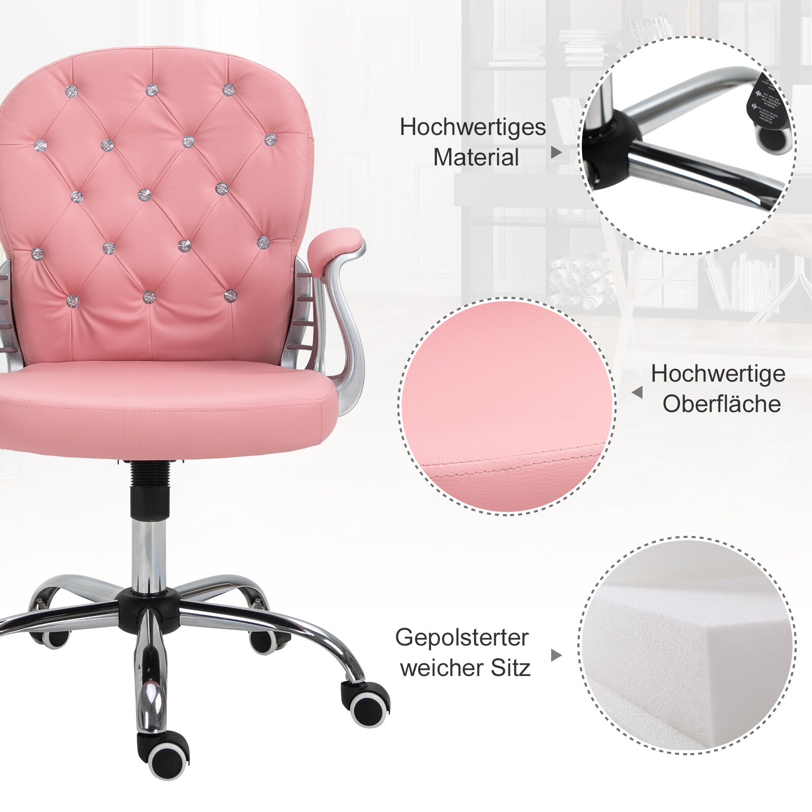 Vinsetto Drehstuhl im eleganten Design rosa 59,5 x 60,5 x 95-105 cm (LxBxH)