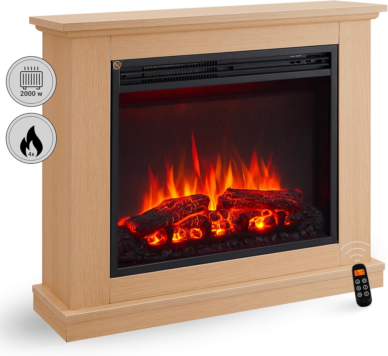 BALDERIA Phanos Elektrokamin - Elektrischer Standkamin mit Heizung 1000/2000 W, realistischer 3D-Flammeneffekt, Fernbedienung programmierbar, Timer, Thermostat - Weiß (Helle Eiche)