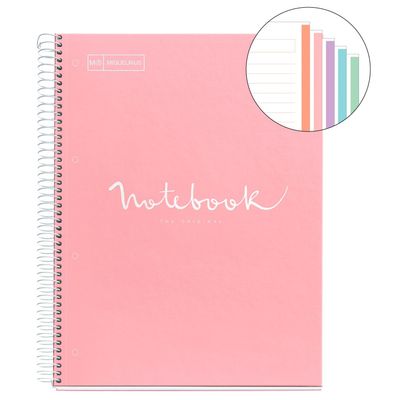 Notebook Emotions, couverture rigide, A4 lignes horizontales 7 mm, 120 feuilles de 5 couleurs, Miquelrius, Rose.