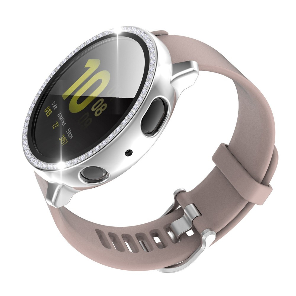 Samsung Galaxy Watch Active 2 (40mm) Galvanisierte Glitzer Strass Bumper Hülle   Display Schutzglas - Weiss / Silber