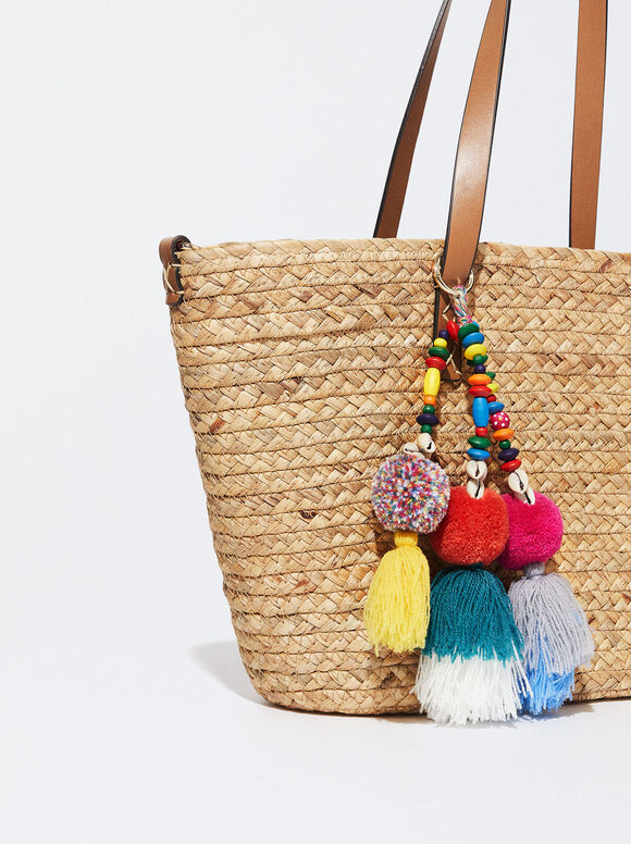 Sacola de compras com pompons de palha - Bege