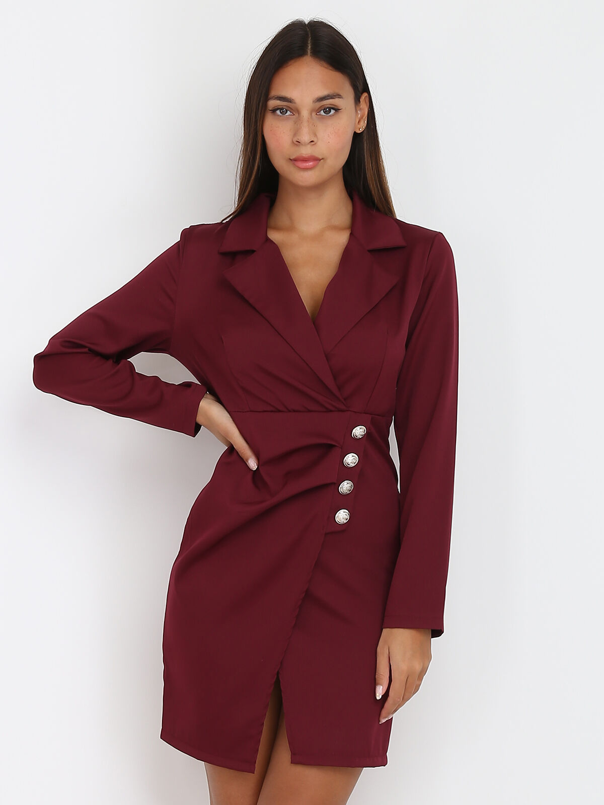 Robe blazer boutonnée et fendue- Bordeaux
