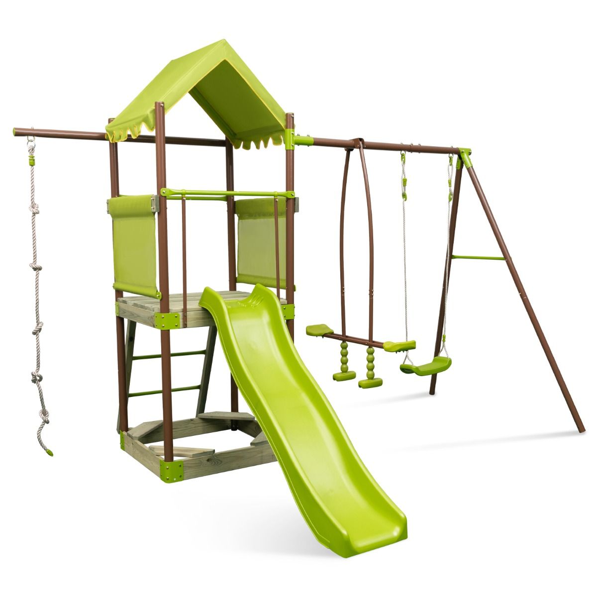 Balançoire 7-en-1 Aire de Jeu en Métal avec Fort Couvert Réglable en Hauteur Corde d'Escalade Bac à Sable Glisseur Toboggan Ondulé Vert - Lidl-Manfred