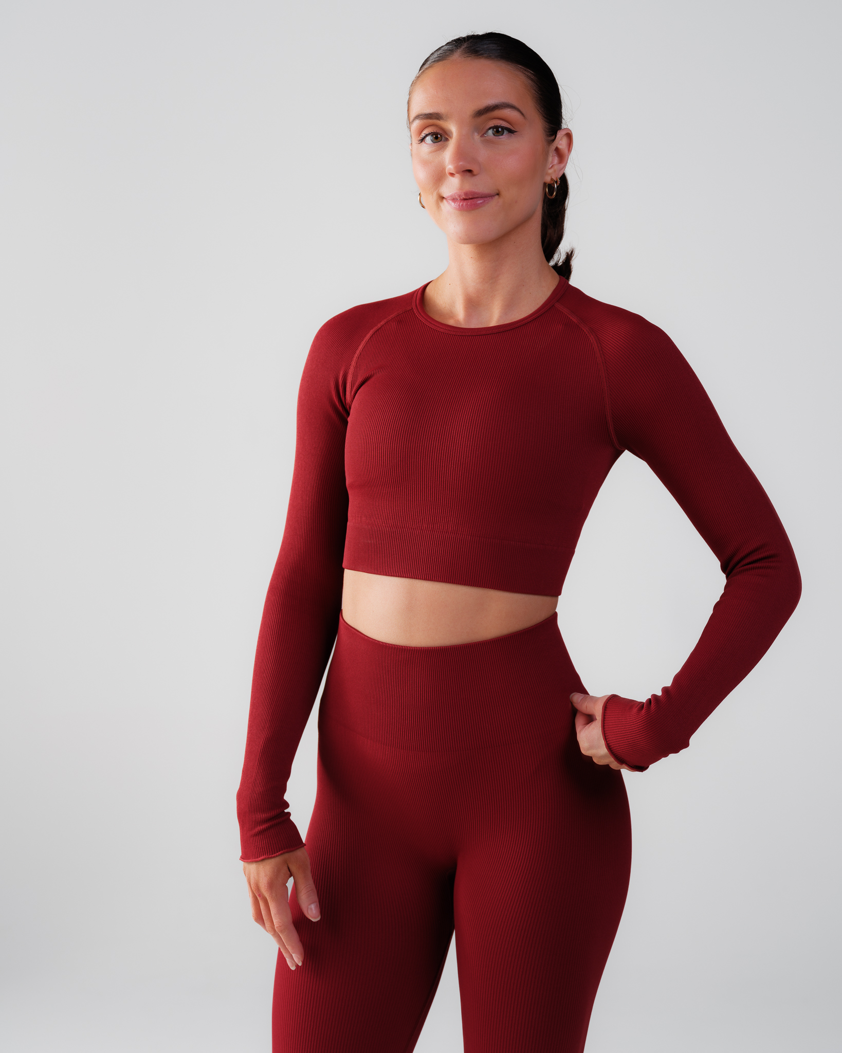 Bumpro Perfect Rib Frill Crop Long Sleeve Wine