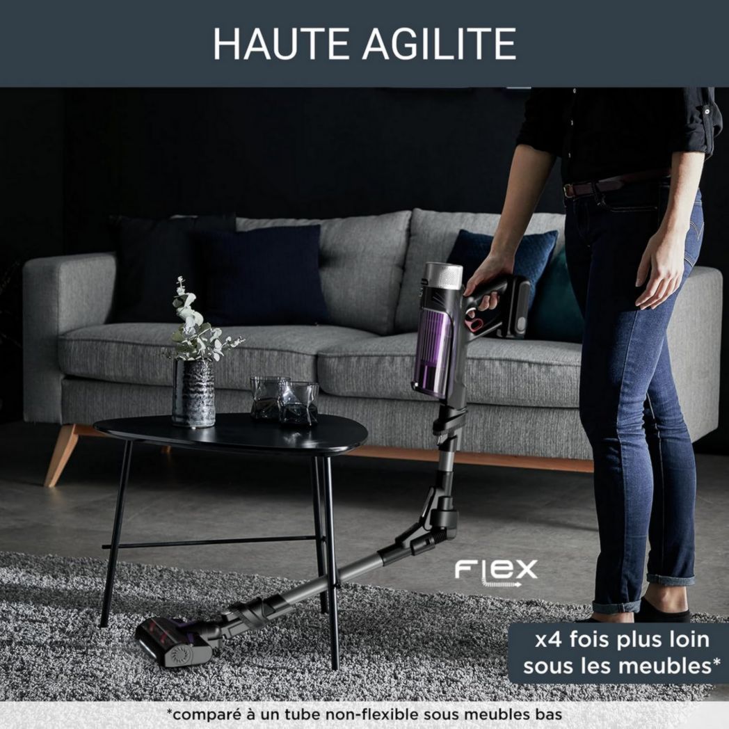 Aspirateur balai sans fil Rowenta X-Force Flex 9.60 Allergy, filtration anti-allergènes, puissance 100 AW, ultra léger, autonomie 45 min RH2038WO, noir/violet
