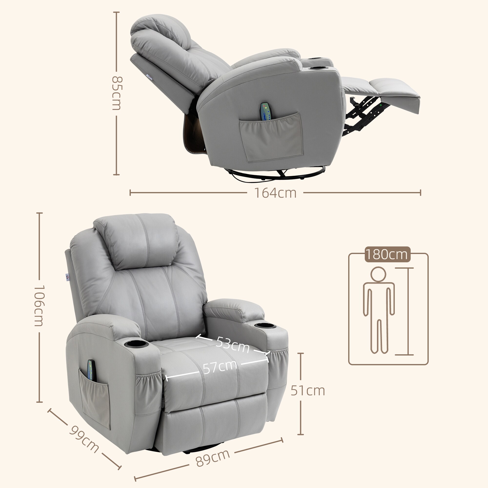 HOMCOM Massagesessel mit Fernbedienung und Getränkehalter grau 89L x 99B x 106H cm
