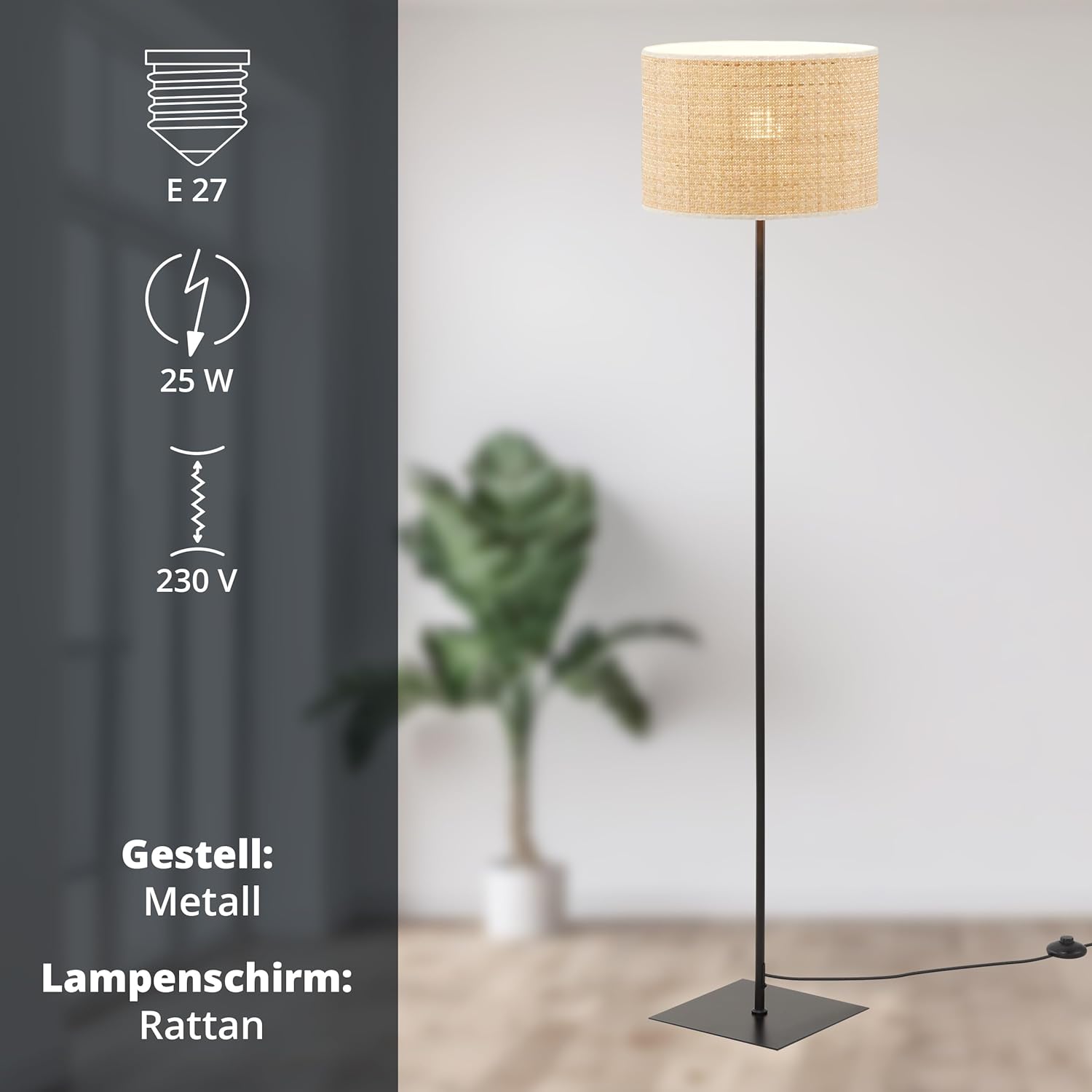KHG Stehleuchte, 1-flammig, schwarz, Höhe 160 cm, modernes Design mit Rattanschirm, eleganter Look für Wohnzimmer, Schlafzimmer oder Büro, stimmungsvolle Beleuchtung, passend für E27-Leuchtmittel