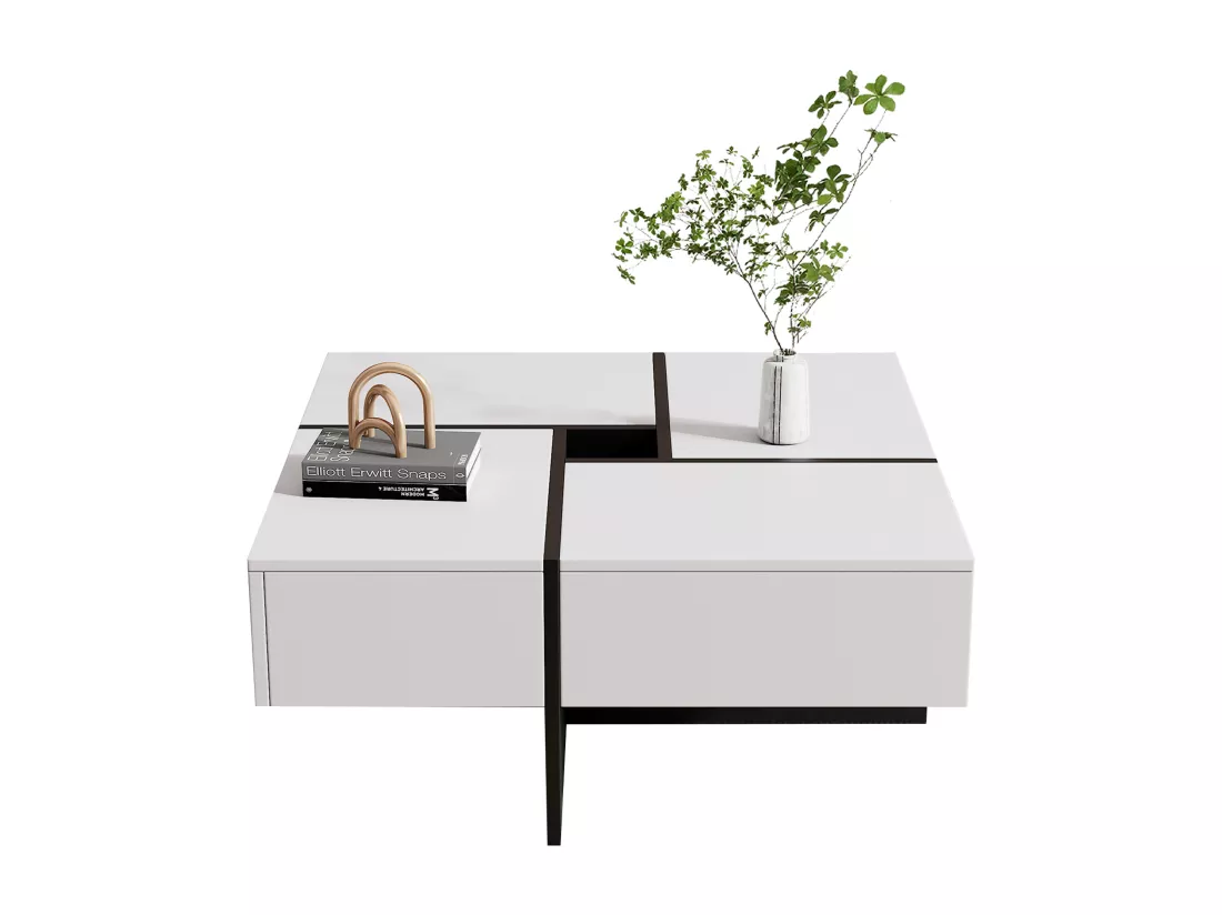 Table basse carrée moderne 70 x 70 x 35 cm - avec compartiment de rangement central de 10 x 10 cm – panneaux de particules - blanc