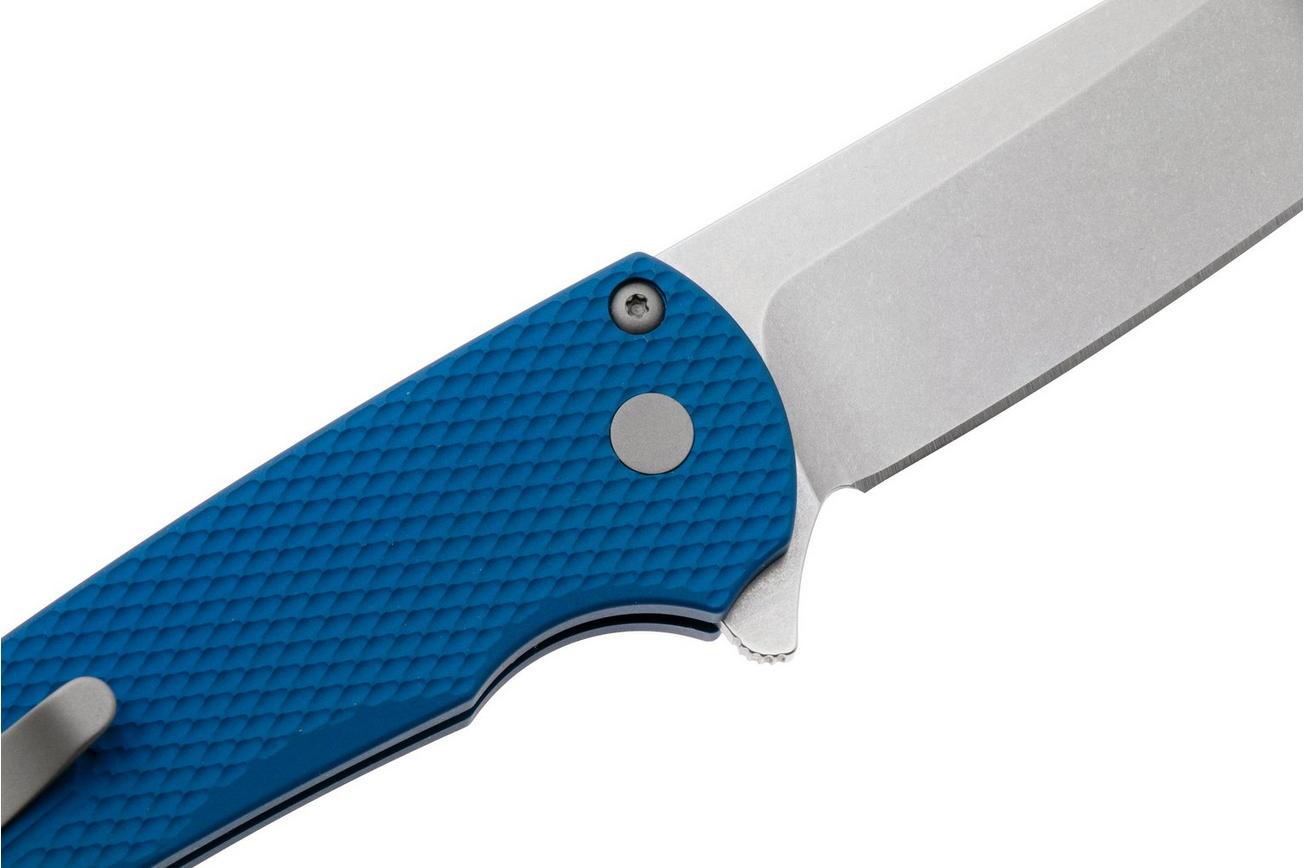 Pro-Tech Malibu 5405-BLUE, Stonewashed CPM MagnaCut, Reverse Tanto, Blue Textured Aluminum zakmes