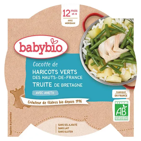 Prato de refeição Babybio com feijão verde e truta (+12 meses) orgânico 230g