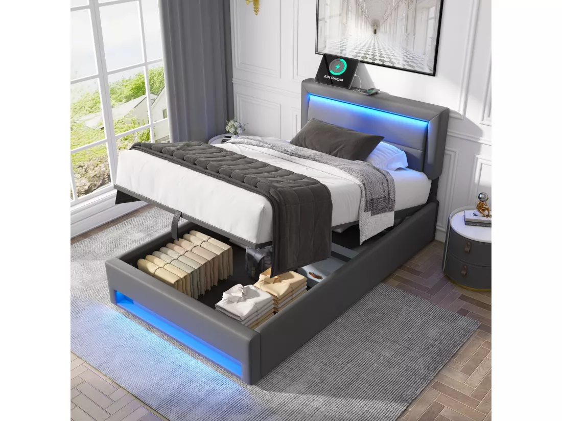 Lit coffre 90 x 200 cm avec tête de lit - Prises USB et LEDs - Cuir PU - Sommier à lattes - Gris(sans matelas)