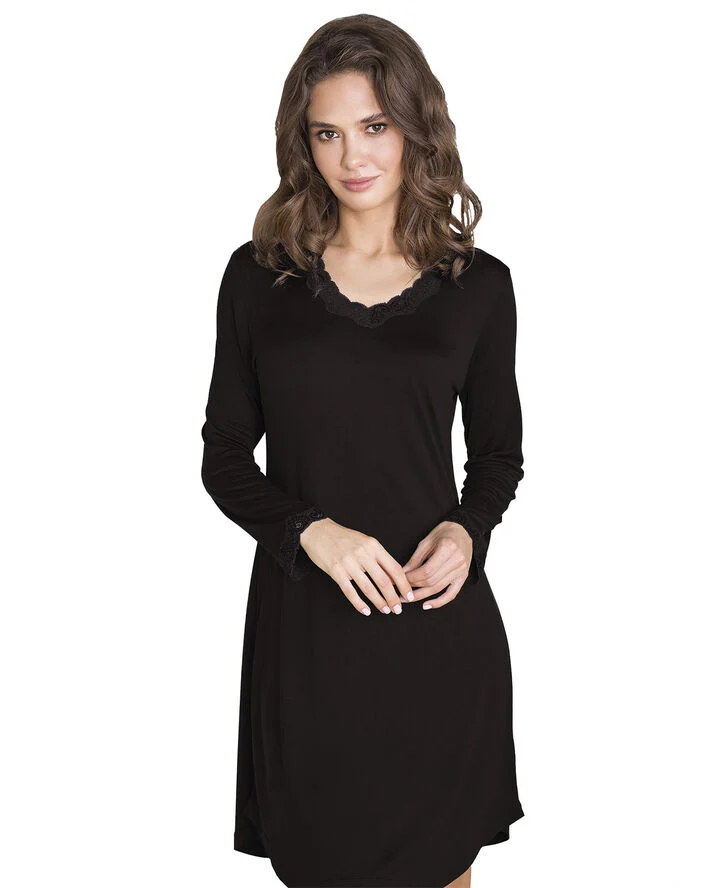 Lady Avenue Silk Jersey - Nightgown, Long sleeve Sort