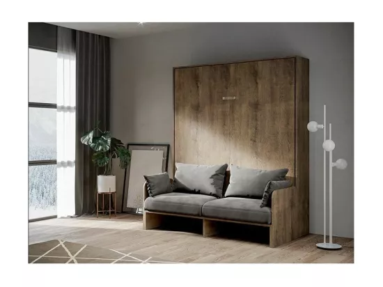 Lit escamotable vertical noyer avec canapé tissu Bounto-Couleur Microfibre 02-160x190
