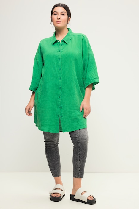 Long-Musselinhemd, oversized, Hemdkragen, Halbarm