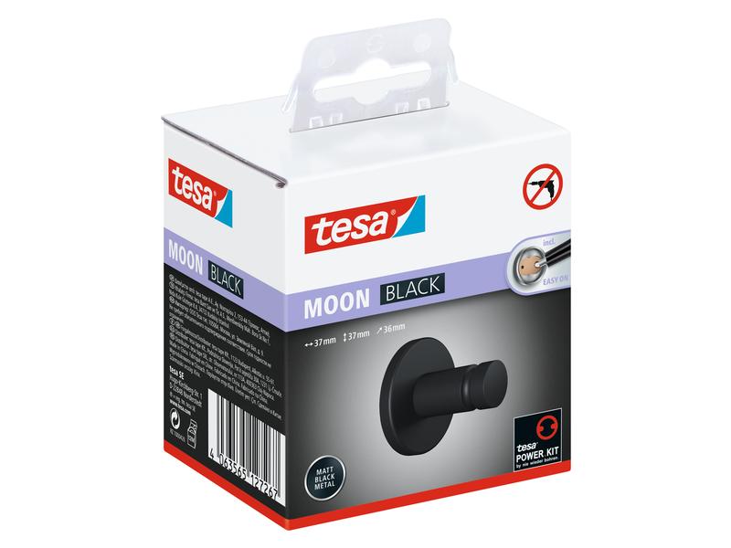 tesa Haken Moon Black, Schwarz Matter Haken für Handtücher mit rundem Design, ohne Bohren inkl. Klebelösung