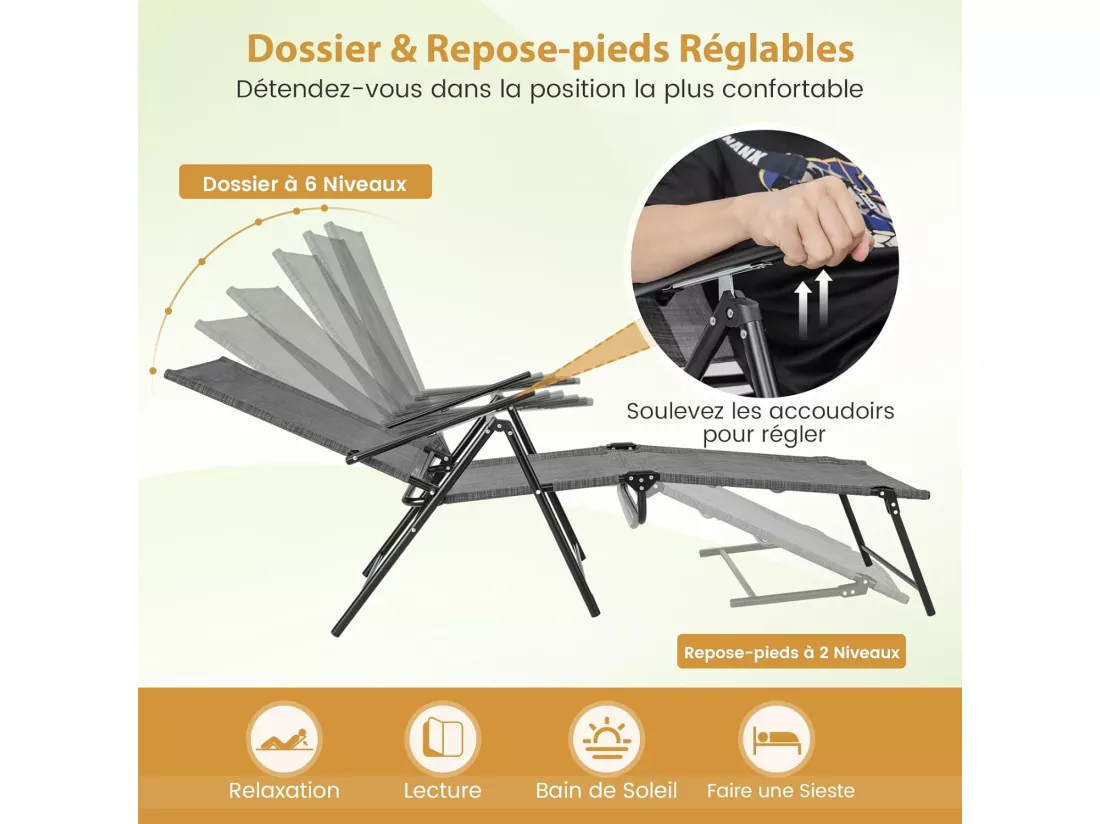 Lot de 2 Chaises Longues Pliantes, Bain de Soleil en Cadre Métallique, Chaise Longue d'Extérieur avec Dossier Réglable à 6 Positions, Transat de Jardin, pour Piscine, Patio, Charge 150KG