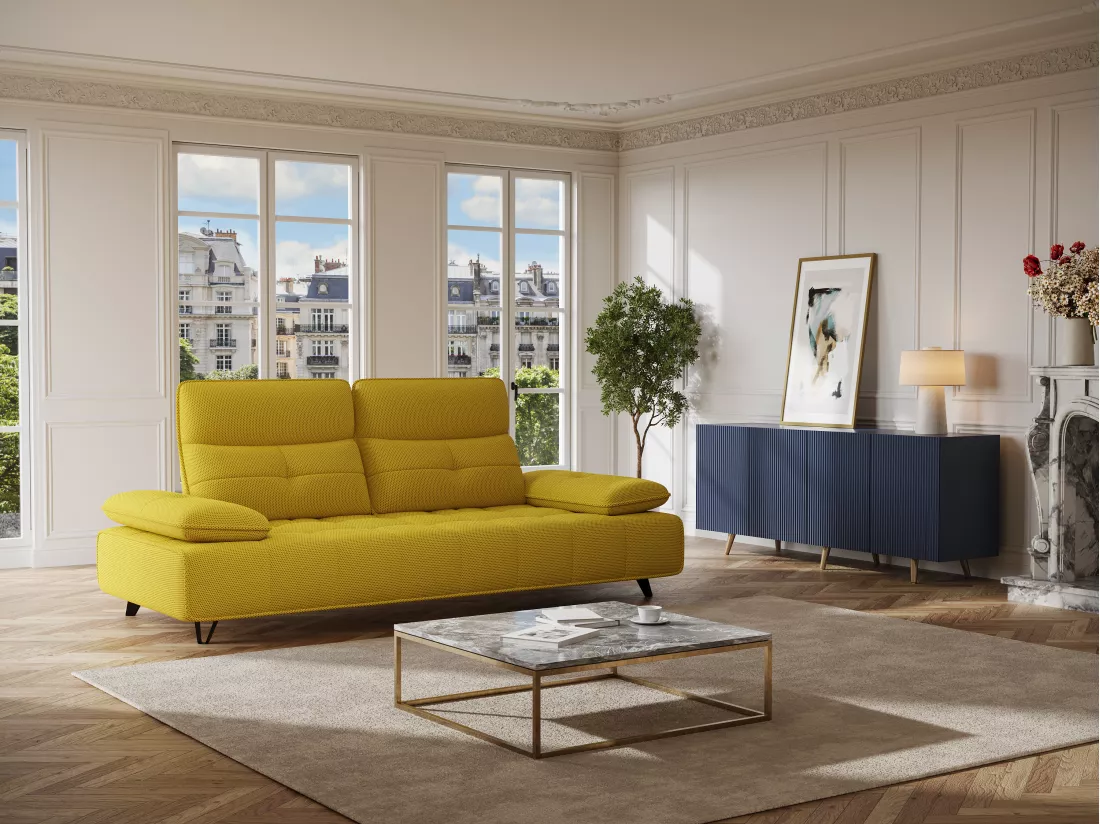 Canapé 3 places en tissu 3D jaune avec dossier avance-recule MERCOTA