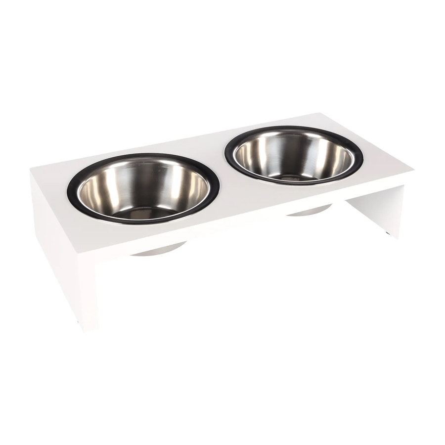 Alimentador duplo em forma de flamingo com suporte branco para animais de estimação.