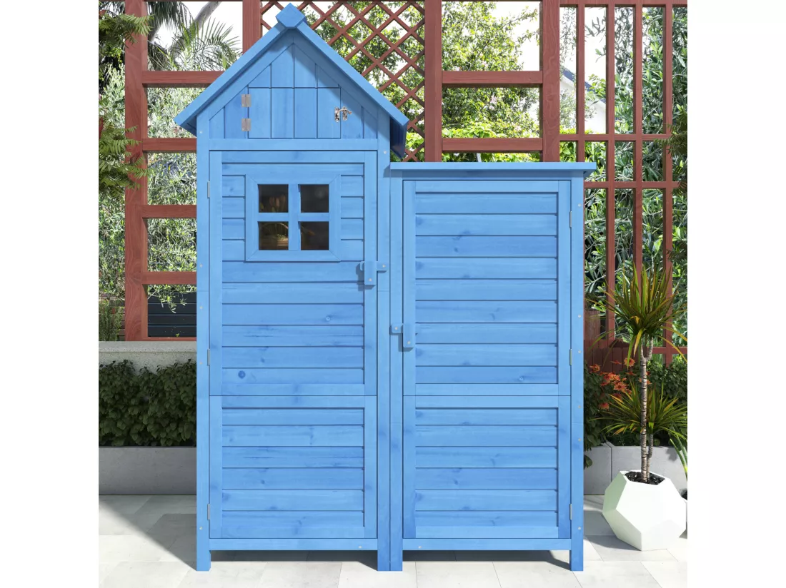 Abri de jardin en bois massif avec toit pente en PVC - 2 étagères 3 portes loquets - L118 x P54 x H173 cm - Bleu