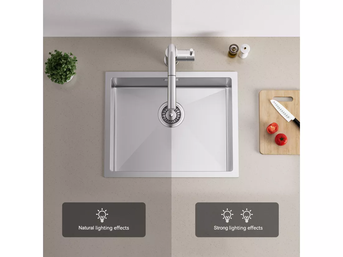 2en1 Évier de Cuisine 1 Bac 55*44*19CM, à Encastrer/Fleur/ Sous-Plan, Brossé+Robinet de Cuisine Flexible Bec Haut Orientable Librement,Blanc