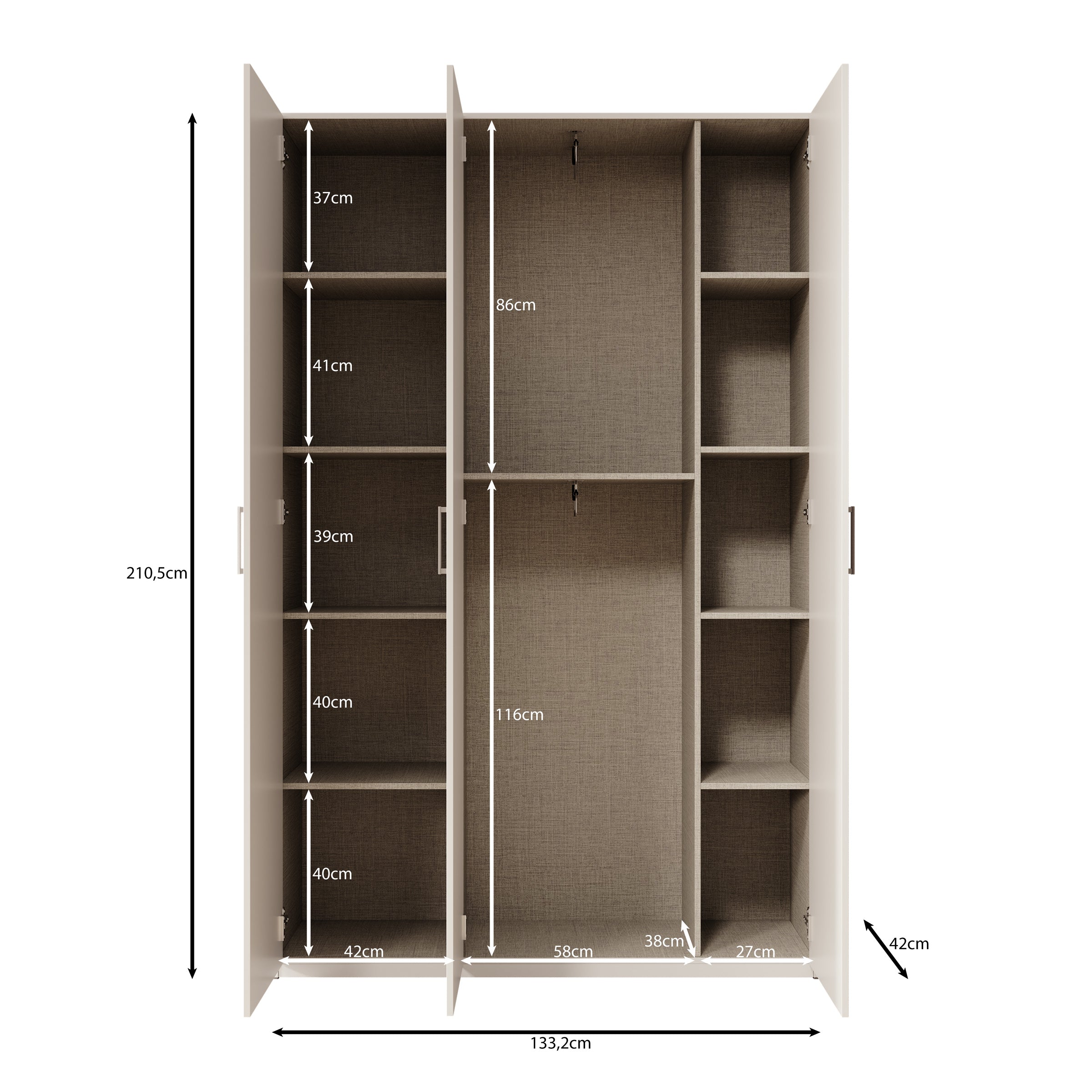 Havron - Kledingkast 3 deurs - Wit - 133x42x211 cm