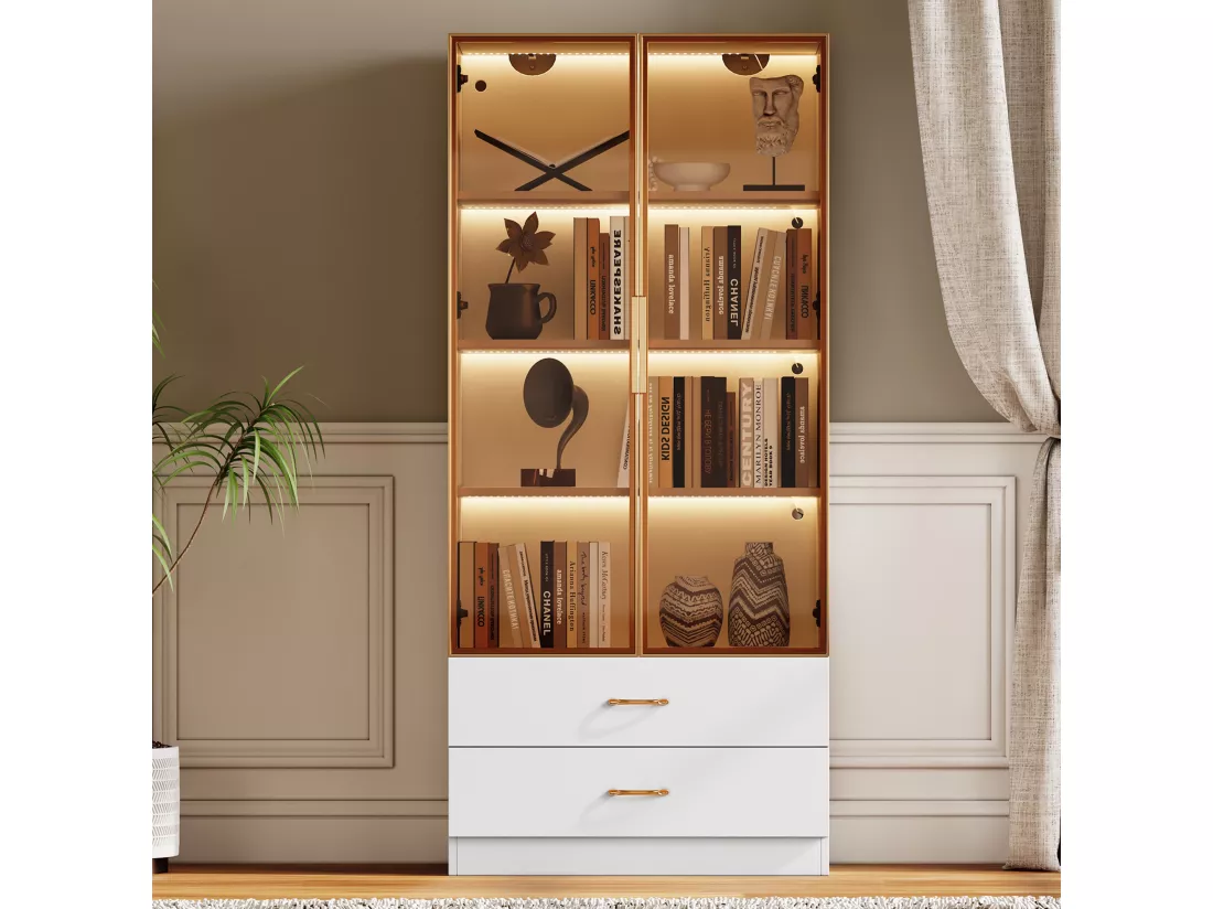 Vitrine, buffet haut avec 2 tiroirs et 2 portes en verre - 75 X 34.5 X 170 cm - Bois MDF - Marron