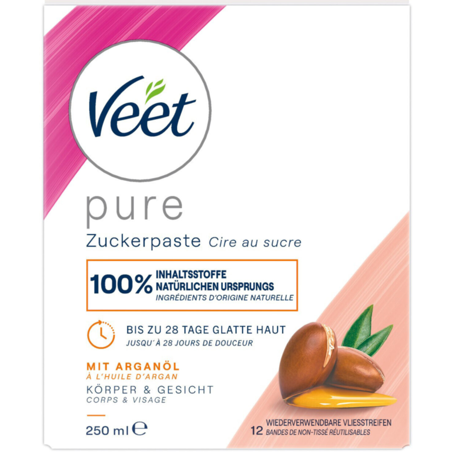 Veet Pure Zuckerpaste mit Arganöl, 1 x 250 ml inkl. Holzspatel & Stoffstreifen