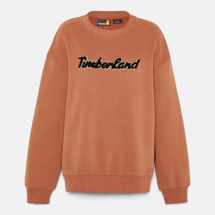 Moletom feminino com gola redonda e logo na cor terracota.