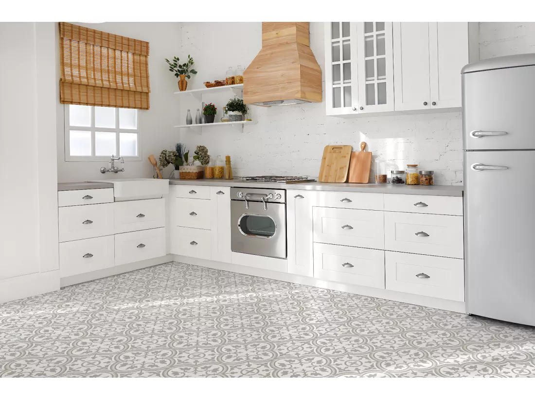 Carreaux autocollants PVC, Carrelage PVC adhésif - 9x30x30 - Fleurs grises ethniques